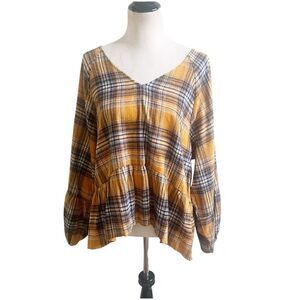 LUQ Women’s Plaid Long Sleeve Blouse Size Large Yellow NWT Bohemian Preppy